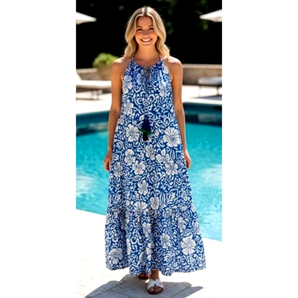 Tommy Bahama Hibiscus Floral Maxi Dress Pockets Resort Coastal Boho Beach M Tall
